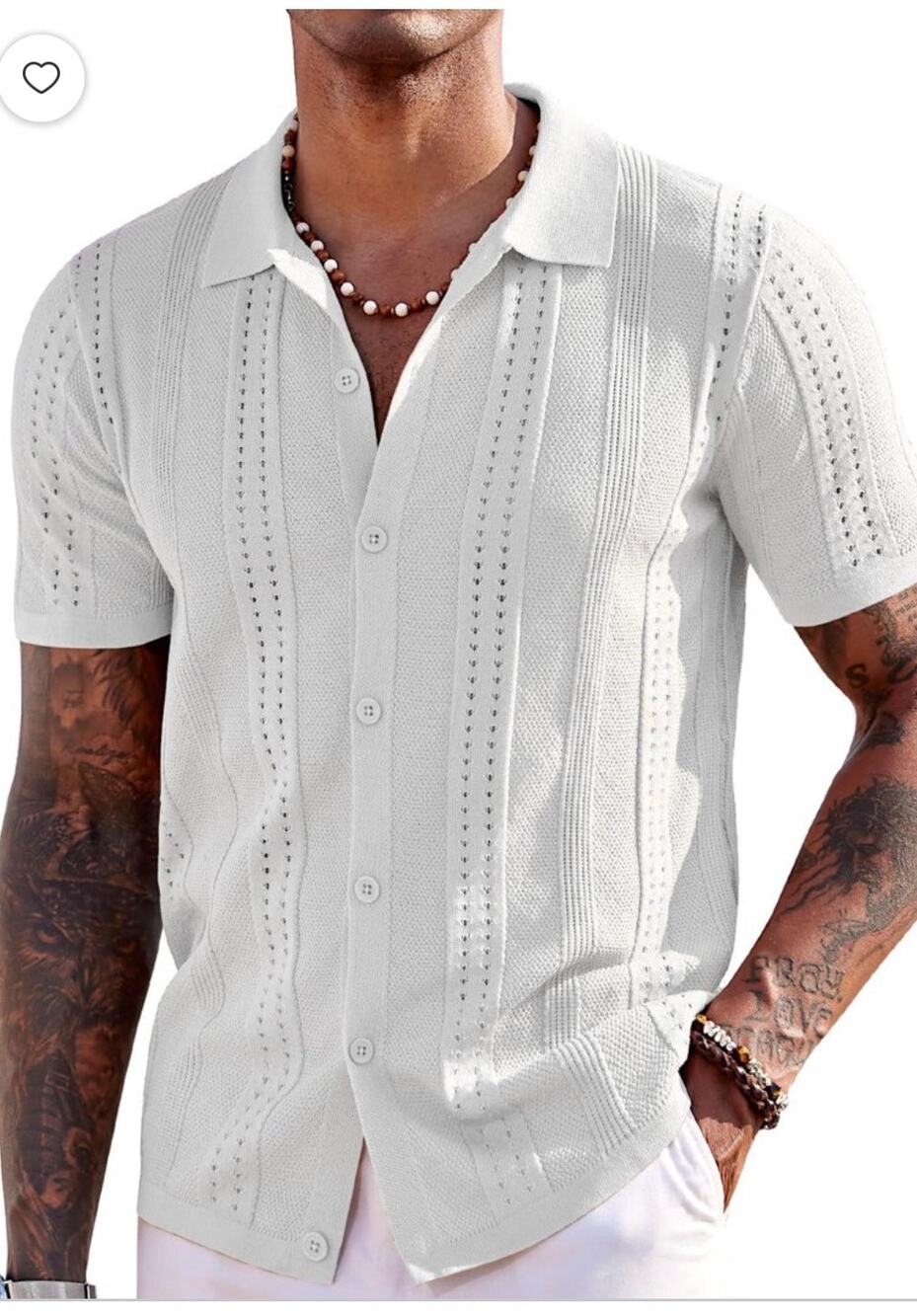 COOFANDY Mens White Knit Polo Shirt XL Short Sleeve Textured Button Down Top